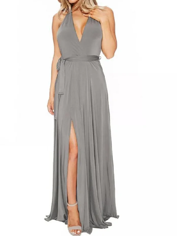 Sexy long skirt solid color V-neck halter dress new banquet evening dress Elegant Long Skirt