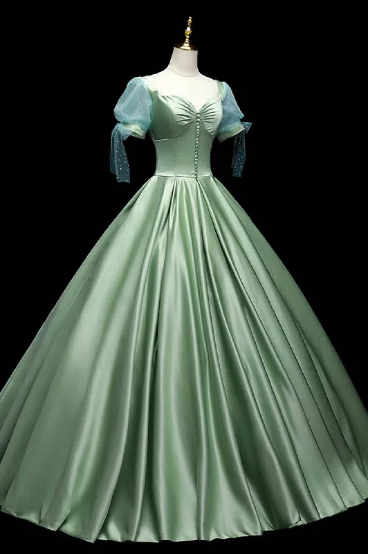 Green Satin Long A-Line Ball Gown, Green Short Sleeve Evening Gown Embroidered Maxi Skirt