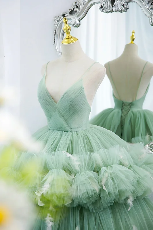 Green V-Neck Layers Tulle Long Ball Gown, A-Line Formal Gown Elegant Maxi Look