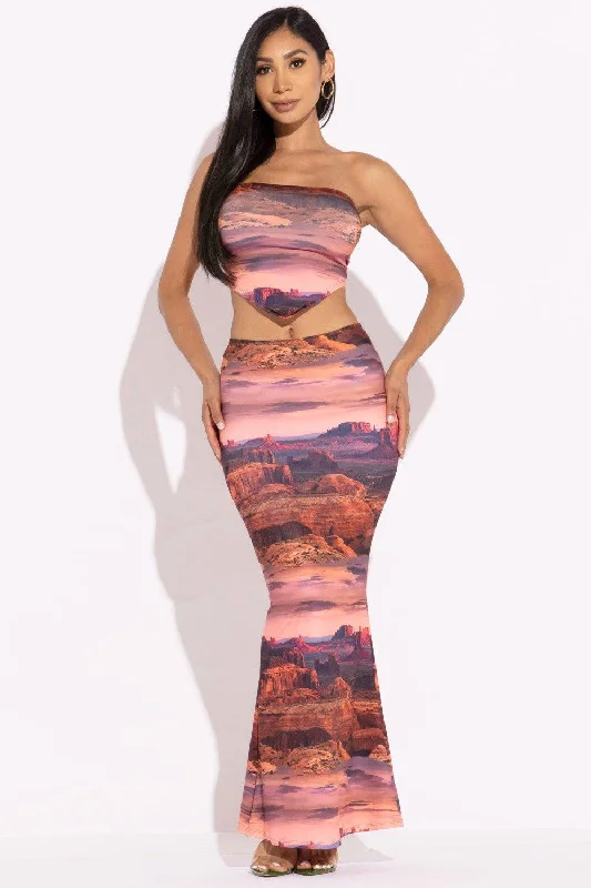 Printed Tube Top And Maxi Skirt Pleated Maxi Skirt
