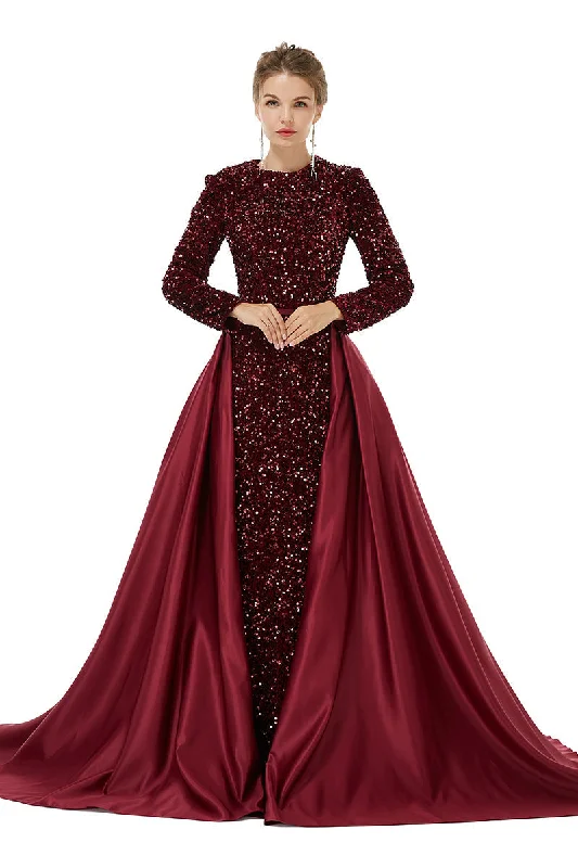 Long sleeve Sequin Corset Prom Dresses with Detachable Skirt outfit Pleated A-line Skirt