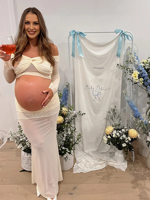Momyknows Ivory White Mesh Sheer Two Piece Set Off Shoulder Cross Chest Crop Top And Ruched Maxi Skirt Chic Cocktail Party Maternity Photoshoot Baby Shower Maxi Dress Button-up Maxi Skirt Momyknows Ivory White Mesh Sheer Two Piece Set Off Shoulder Cross Chest Crop Top And Ruched Maxi Skirt Chic Cocktail Party Maternity Photoshoot Baby Shower Maxi Dress Button-up Maxi Skirt