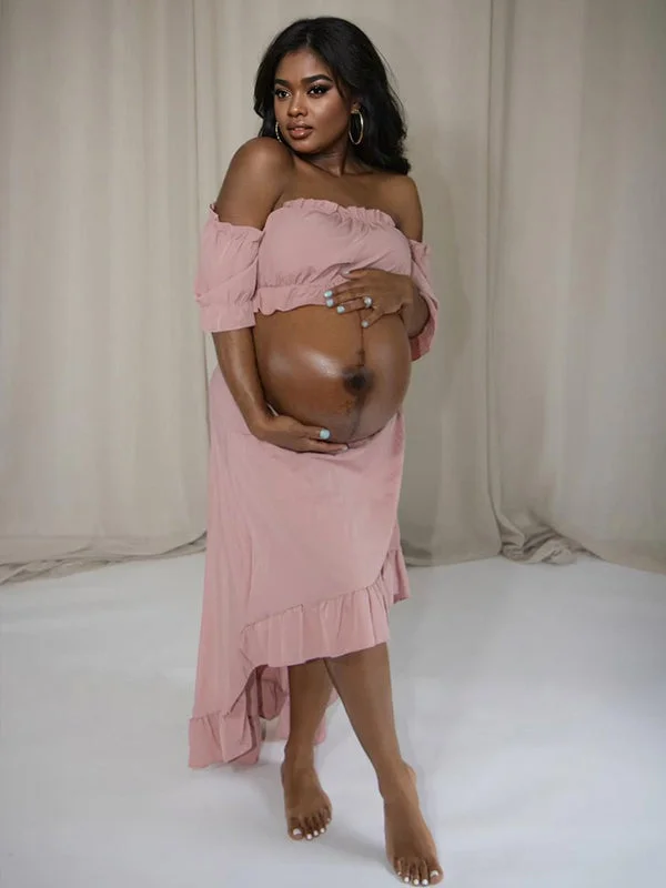 Momyknows Pink High-low Ruffle Falbala Off Shoulder Two Piece Set Bandeau Crop Top And Maxi Skirt Elegant Cocktail Party Maternity Photoshoot Baby Shower Maxi Dress High-Waist Maxi Skirt Momyknows Pink High-low Ruffle Falbala Off Shoulder Two Piece Set Bandeau Crop Top And Maxi Skirt Elegant Cocktail Party Maternity Photoshoot Baby Shower Maxi Dress High-Waist Maxi Skirt