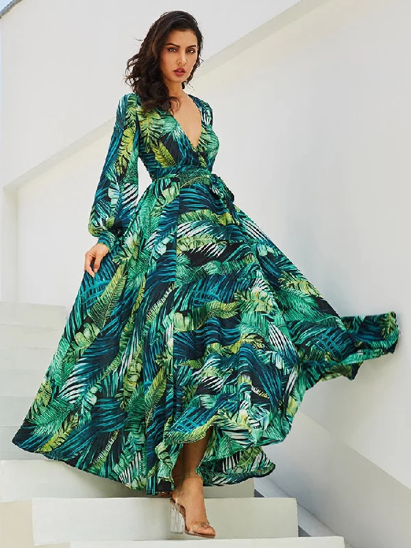 Printed Lantern Sleeve Sexy Deep V-neck Green Leaf Long Big Swing Skirt Bohemian Women Dress Tartan Maxi Skirt