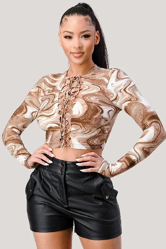 Sexy Marble Drawstring Lace Front Long Sleeves Cropped Top Ruffled Maxi Skirt