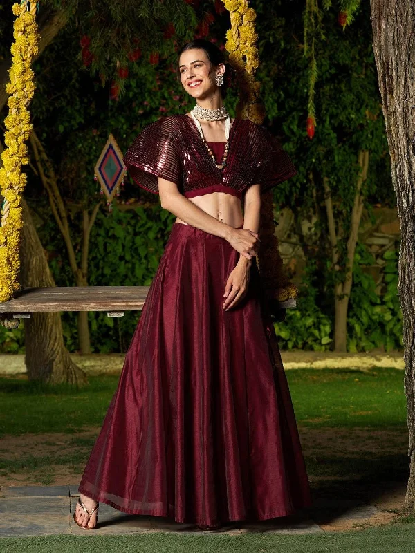 Sassafras Women's Maroon Mesh Mettalic Detail Top with Long Skirt Soft Maxi Dress