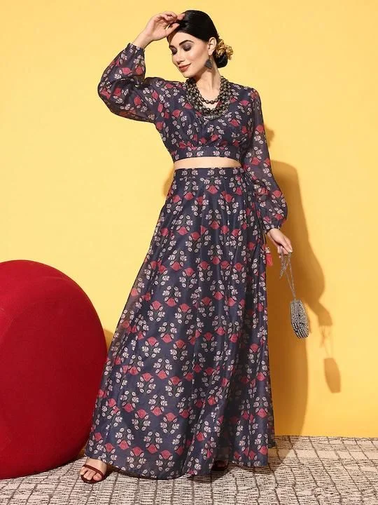 Sassafras Women's Navy Floral Wrap Crop Top With Long Skirt High-Low Maxi Skirt