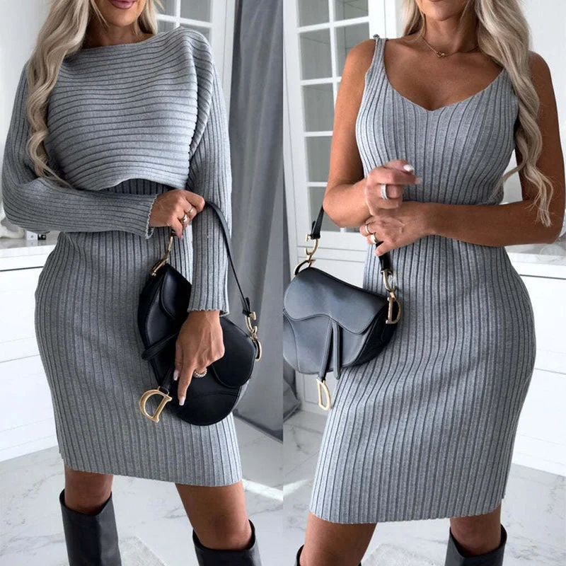 SleekStripes Suit - Long-sleeved Top And Tight Suspender Skirt Maxi Skirt Glam