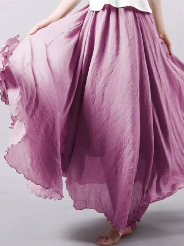 Cotton and Linen Elastic Waist Linen A-line Skirt Long Solid Color Ethnic Dress Midi Maxi Outfit