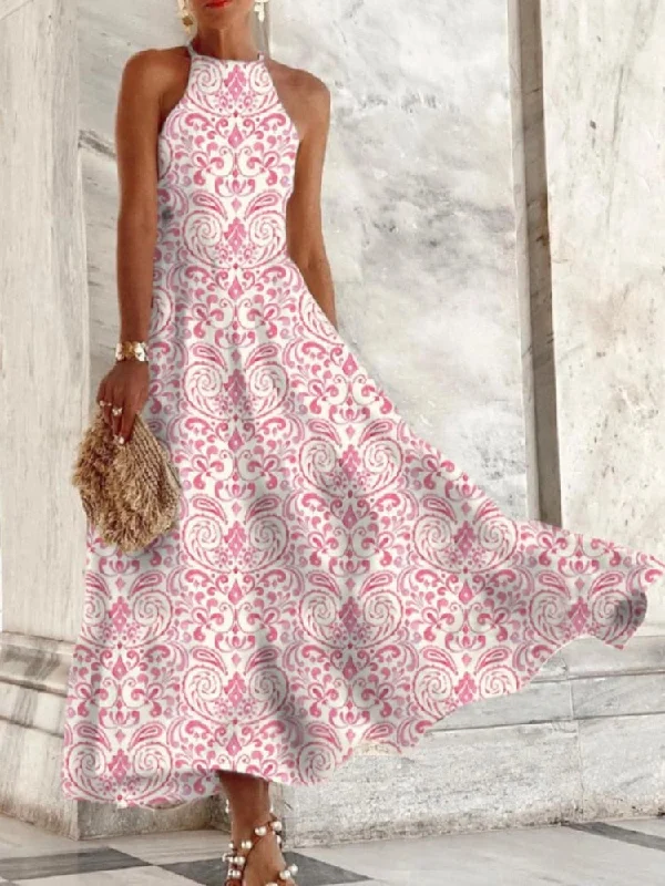New Broken Flower Middle Waist Women Long Skirt Printed Suspender Waist Closing and Large Swing Dress Elegant Maxi Look