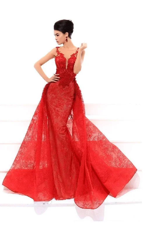 Tarik Ediz - 93439SC Illusion Bateau Overskirt Long Gown Pleated Floral Maxi