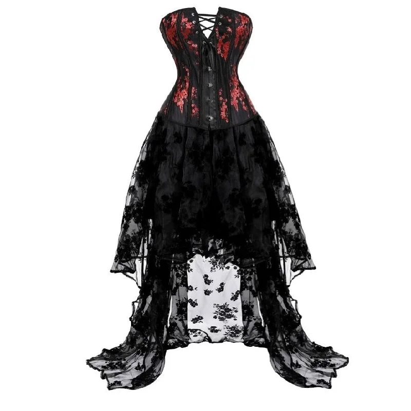 Women Vintage Floral Corset Dress Wedding Bridal Red Plum Flower Lace Up Corset Top With Asymmetrical Tulle Long Skirt Set Soft Flow Maxi Women Vintage Floral Corset Dress Wedding Bridal Red Plum Flower Lace Up Corset Top With Asymmetrical Tulle Long Skirt Set Soft Flow Maxi