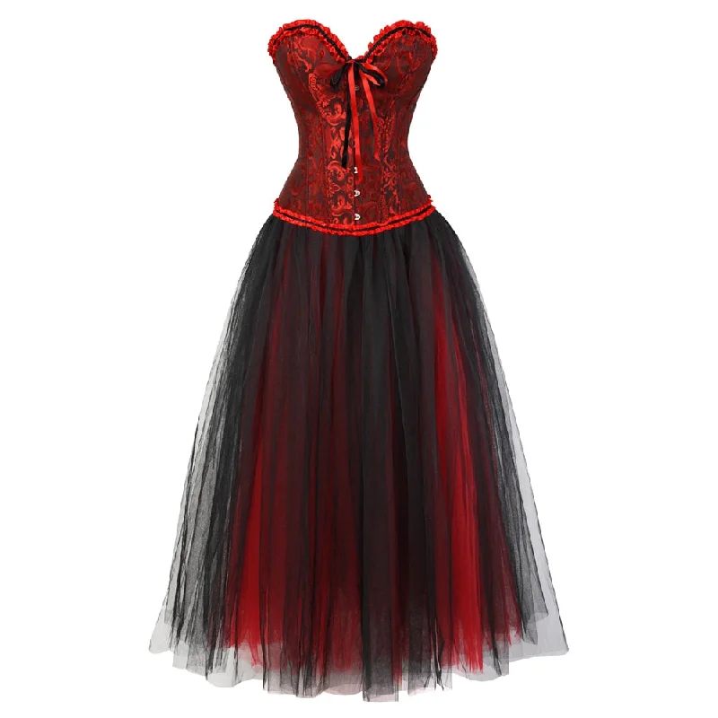 Women Vintage Lace Corset Dress Sexy Satin Floral Corset Bustier Lingerie Top With Burleque Tulle Mesh Long Skirt Set Multicolor Maxi Skirt Party