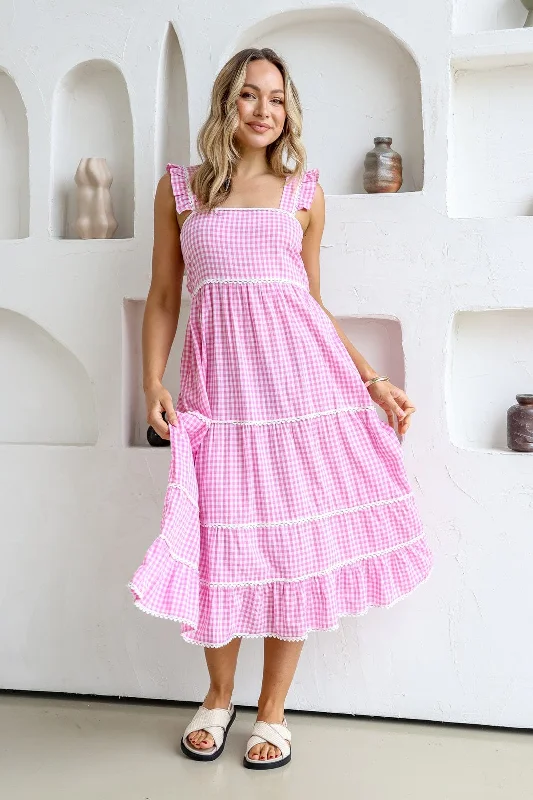 Gingham Check Dress With Lace Trim - Pink - PREORDER