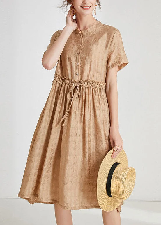 Khaki Button Lace Up Silk Dresses O Neck Short Sleeve AB1018