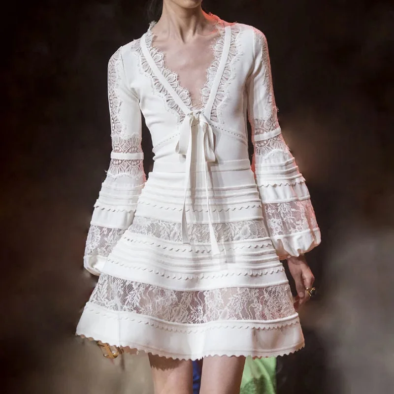 Women Spring Lace V-Neck Long-Sleeved Dress