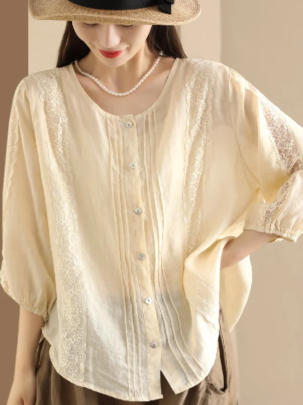 Women Summer Artsy Lace Spliced Ramie Button-Up Shirt II1020