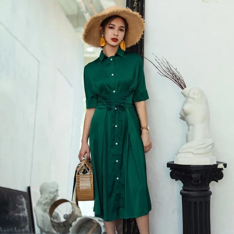 Women's Summer Chiffon Short-Sleeved Lace-Up High-Waist Dress