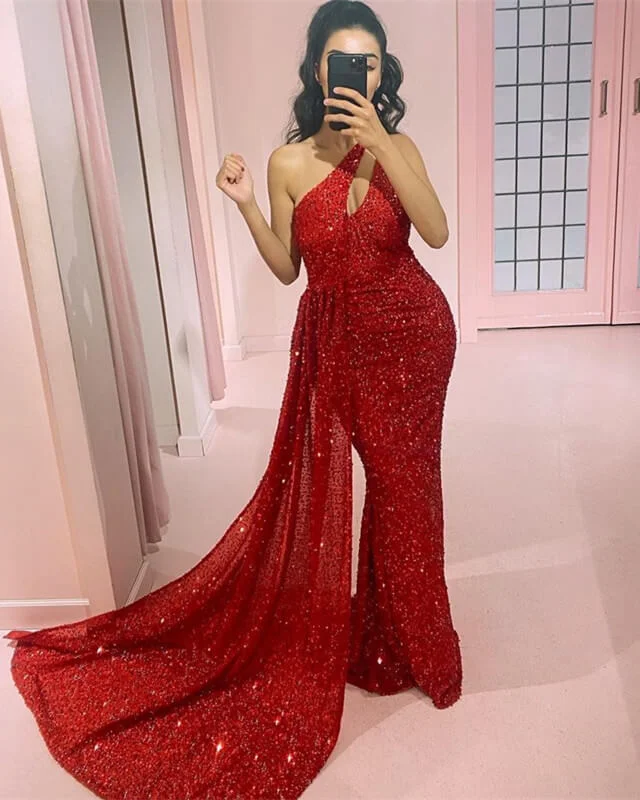 Red Sequin Beaded One Shoulder Dress