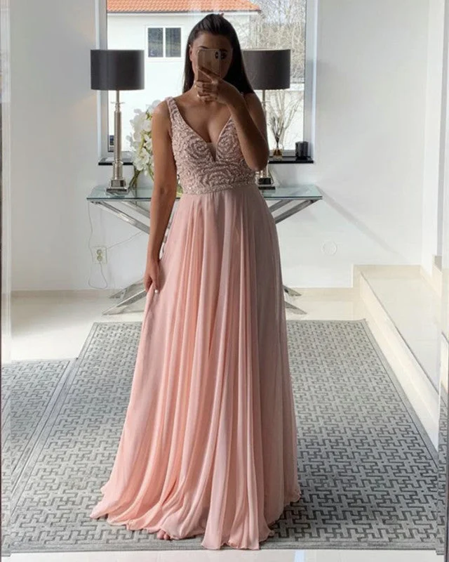 Long Chiffon Prom Dresses Plunge Neck With Sequins Beaded