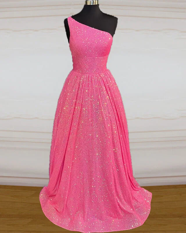 Hot Pink Sequin Prom Dress One Shoulder