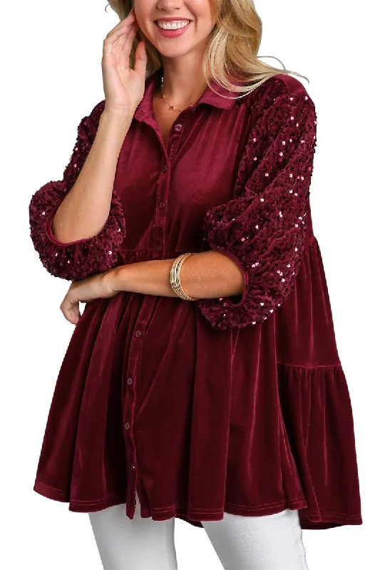 Velvet Sequins Contrast Tiered Tunic Dress - 2 Colors