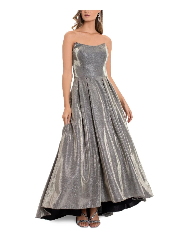 BETSY & ADAM Womens Silver Pocketed Zippered Tulle Pleated Boning Hi Lo Hem Sleeveless Strapless Full-Length Formal Gown Dress