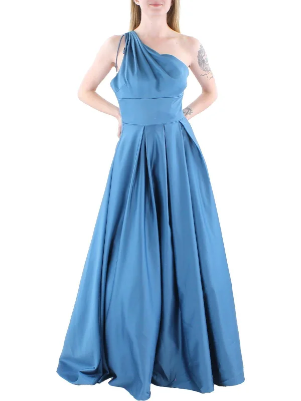 BLONDIE NITES Womens Blue Zippered Pocketed Pleated Lined Tulle Sleeveless Asymmetrical Neckline Full-Length Formal Gown Dress