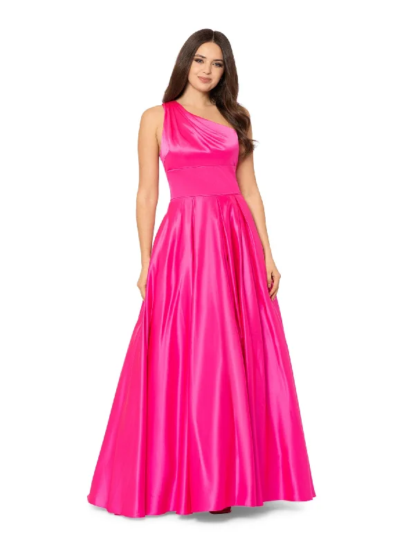 BLONDIE NITES Womens Pink Zippered Pocketed Pleated Lined Tulle Sleeveless Asymmetrical Neckline Full-Length Formal Gown Dress