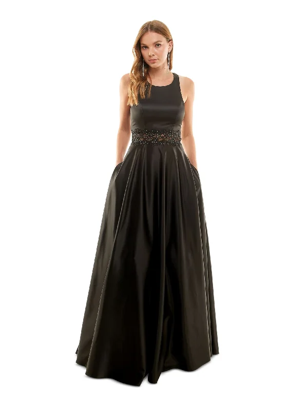 CITY STUDIO Womens Black Rhinestone Zippered Crisscross Back Tulle Lined Sleeveless Scoop Neck Full-Length Party Gown Dress