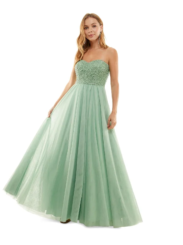 SAY YES TO THE PROM Womens Green Embellished Zippered Padded Lined Tulle Mesh Sleeveless Sweetheart Neckline Full-Length Party Gown Dress