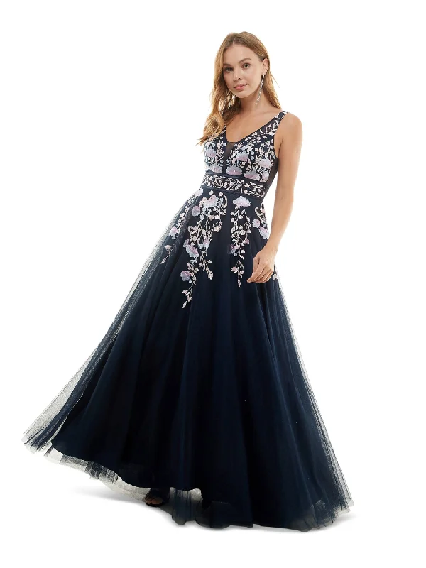 SAY YES TO THE PROM Womens Navy Rhinestone Zippered V Back Tulle Lined Sheer Floral Sleeveless V Neck Full-Length Formal Gown Dress