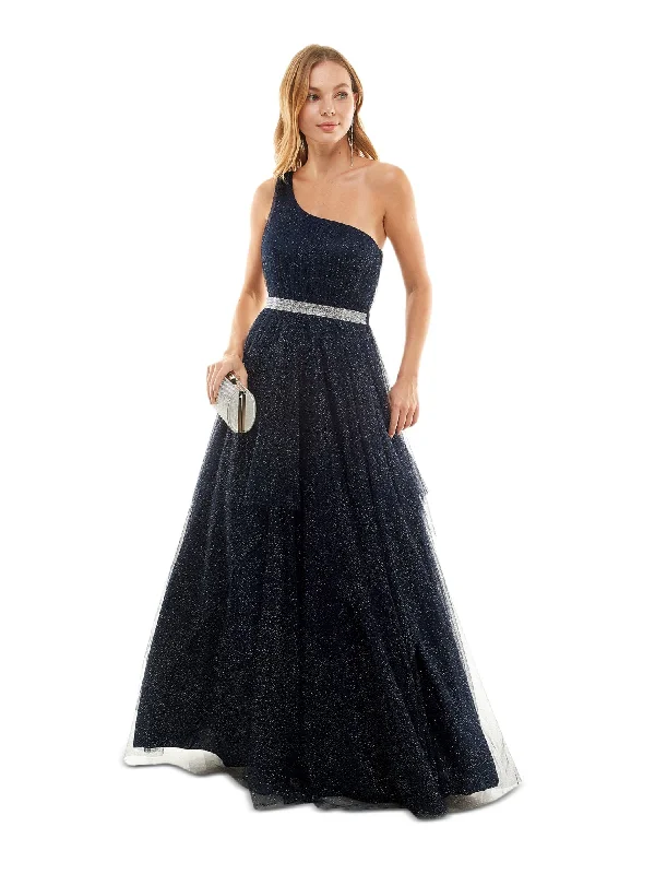 SAY YES TO THE PROM Womens Navy Zippered Embellished Lined Mesh Tulle Padded Sleeveless Asymmetrical Neckline Full-Length Formal Gown Dress