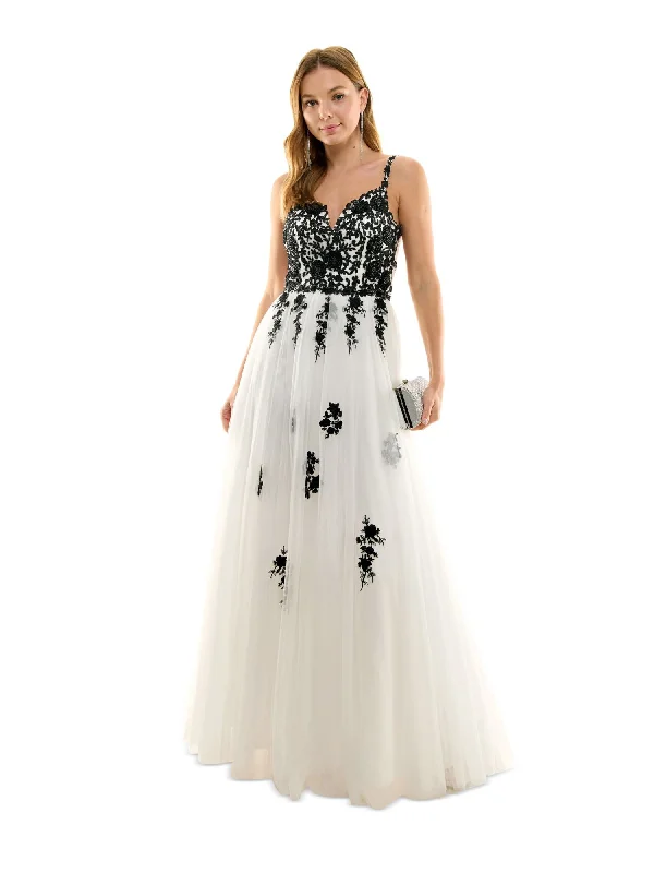 SAY YES TO THE PROM Womens White Embellished Zippered Cutout Tulle Mesh Sheer Lined Floral Spaghetti Strap V Neck Full-Length Formal Gown Dress