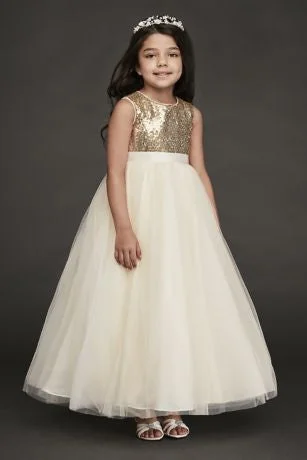 David's Bridal HEART BACK SEQUIN & TULLE FLOWER GIRL GOWN/WG1390