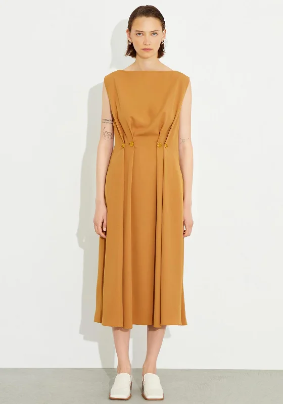 Birelin Double Button Pleated Midi Dress, Tobacco