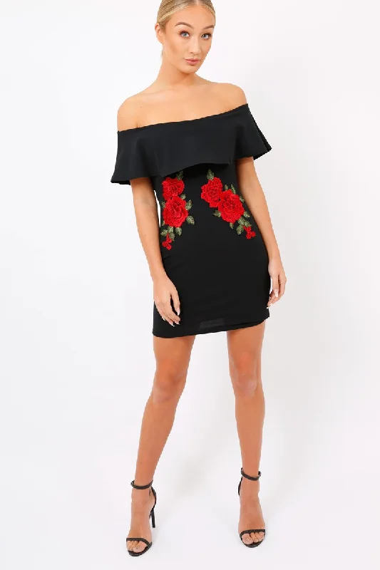 Black Bardot Frill Bodycon Applique Dress - Leticia