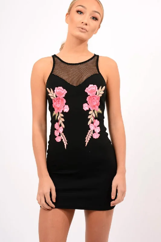 Black Mesh Floral Applique Bodycon Dress - Danika