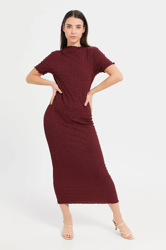 Women Burgundy Textured Bodycon Dress