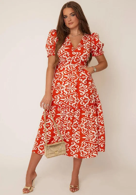 Girl In Mind Maya Print Tiered Midi Dress, Rust