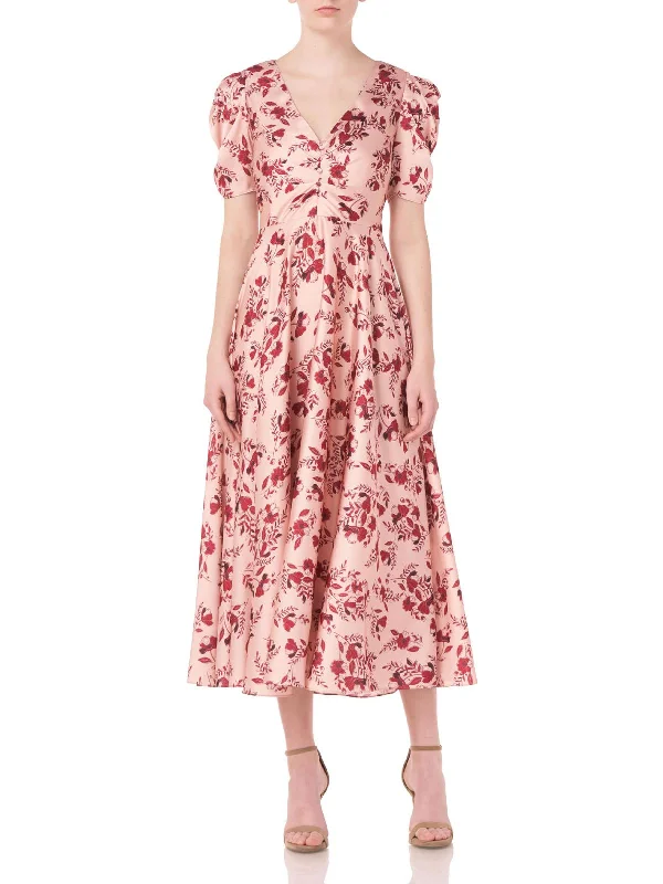 Womens Floral Print Puff Sleeve Midi Dress