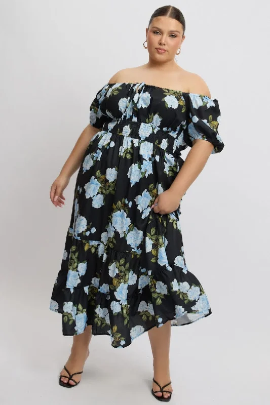 Black Floral Midi Dress Short Sleeve Ruched Bust Tiered