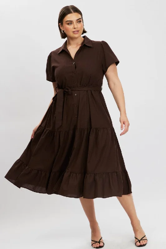 Brown Midi Dress Short Sleeve Shirt