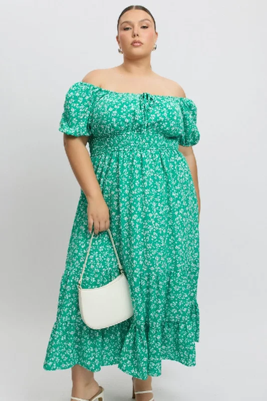 Green Ditsy Midi Dress Short Sleeve Ruched Bust