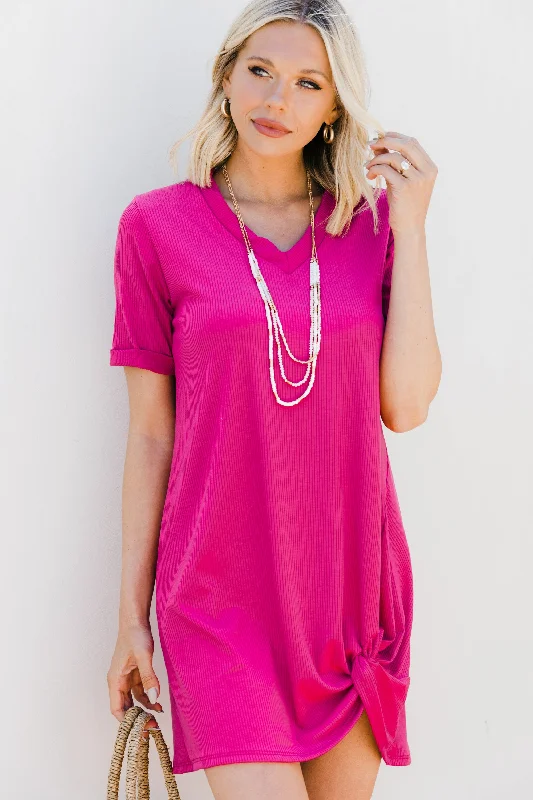 Off To A Good Start Fuchsia Pink Ribbed T-shirt Dress