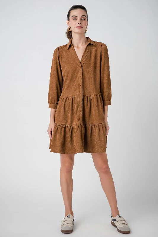 Pinch Tiered Corduroy Shirt Dress