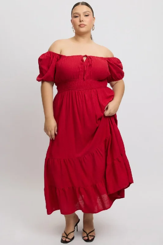 Red Tiered Midi Dress Short Sleeve Ruched Bust