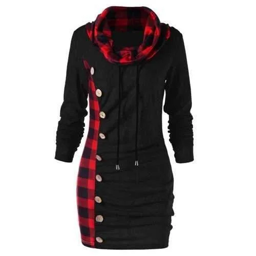 Plaid Cowl Neck Tunic Sweatshirt Dress - Red With Black M