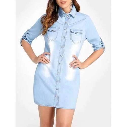 Pockets Denim Shirt Dress - Denim Blue Xl