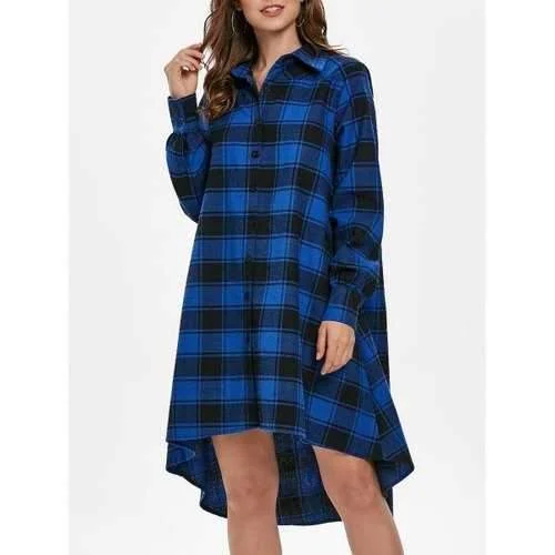 Asymmetrical Checked Shirt Dress - Blueberry Blue L